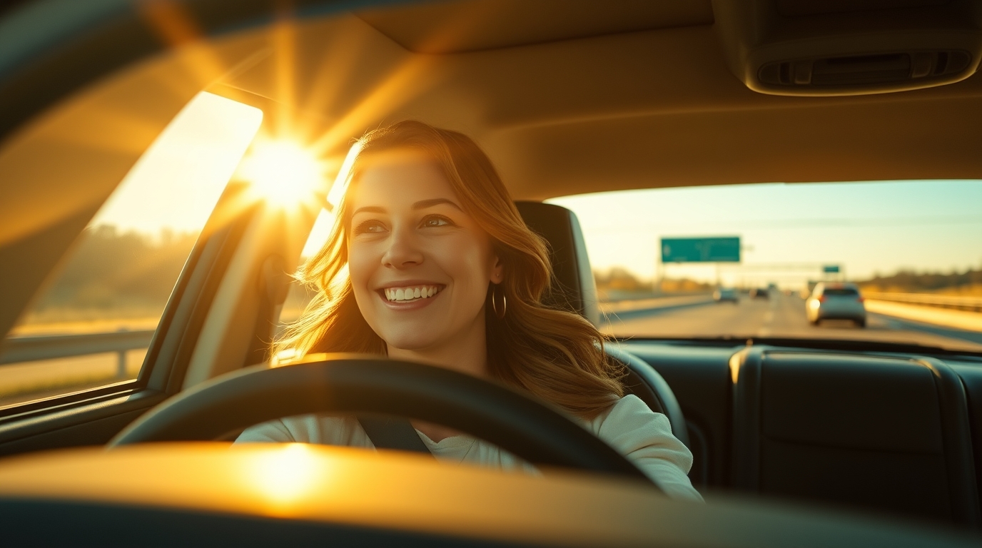 Mulher jovem, sorrindo, dirigindo, com o sol por detrás
