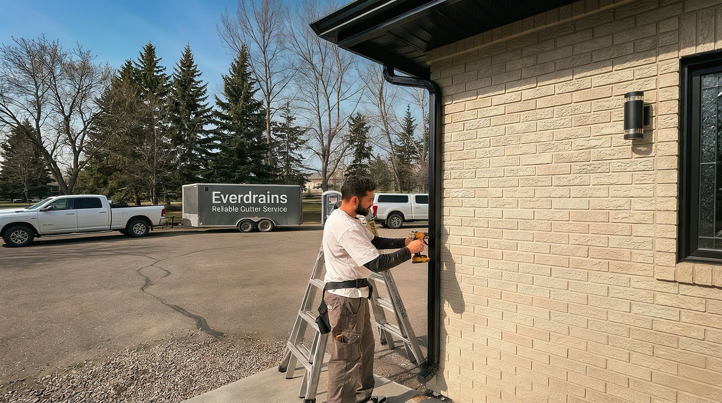 New seamless gutters and downspouts installed on this beautiful Calgary home by Everdrains.