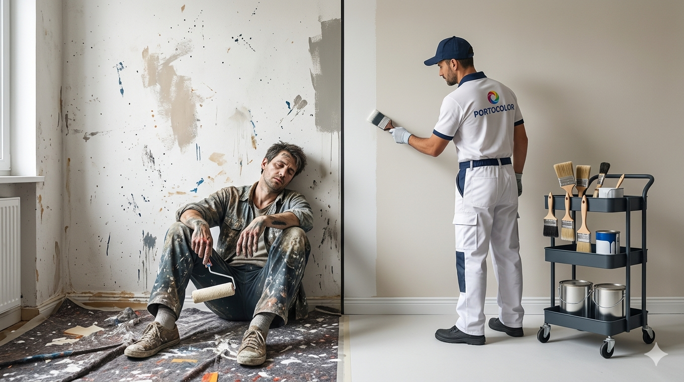 Professional house painter finishing a clean wall next to a messy, exhausted DIY painter.