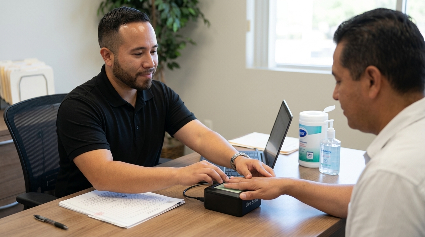 Professional technician performing a digital Live Scan fingerprinting service for a client in an office.