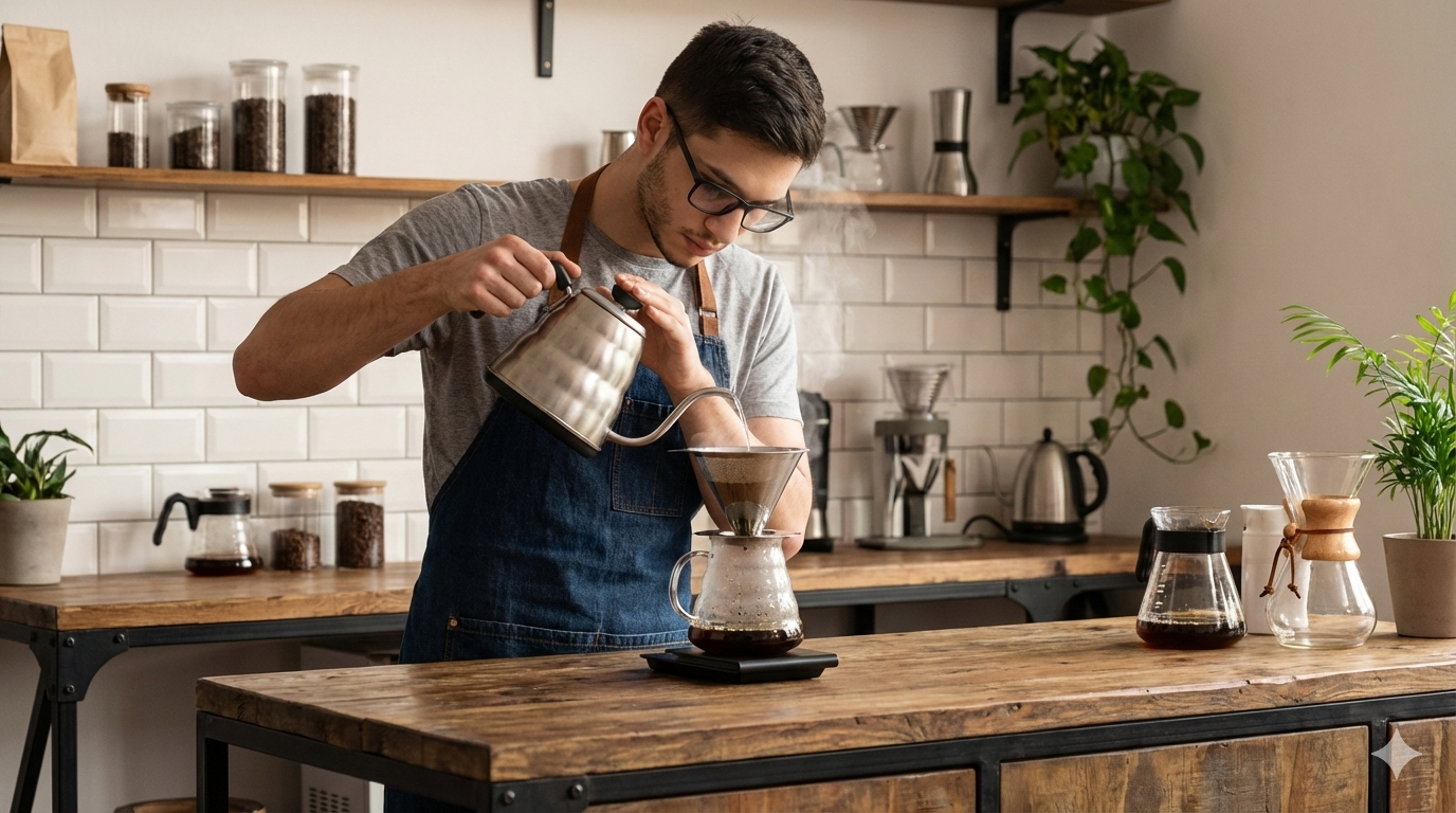 barista fazendo usando filtro de café inox. está em uma cozinha aconchegante em curitiba