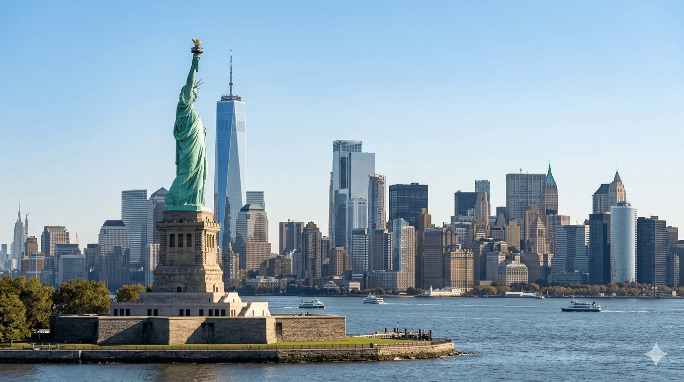 Estátua da Liberdade com skyline de Nova York ao fundo.