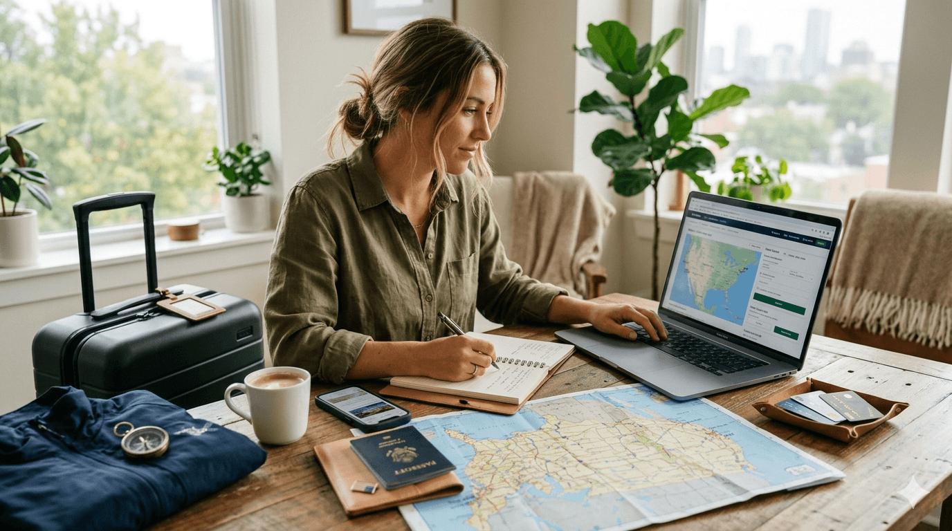 Viajante planejando viagem para os Estados Unidos com mapa, passaporte e notebook.