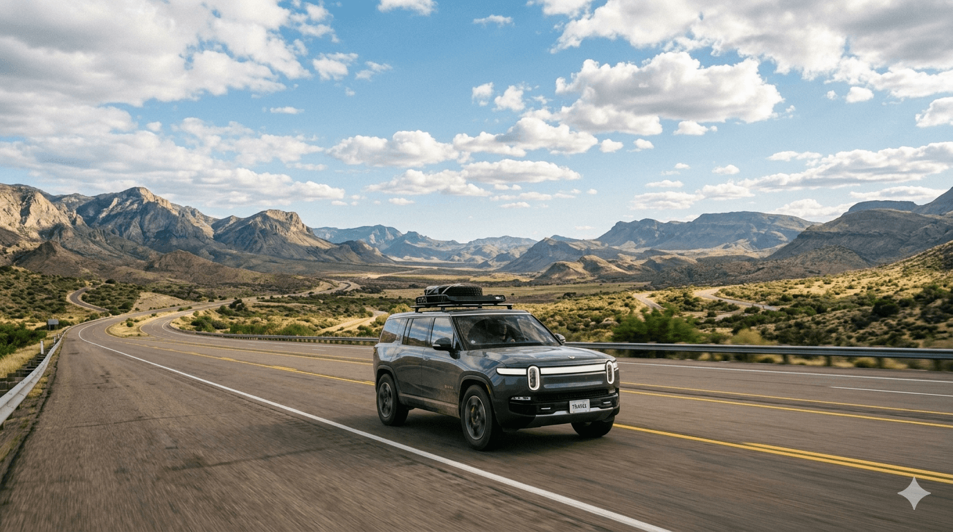 Road trip nos Estados Unidos com carro alugado em estrada panorâmica.