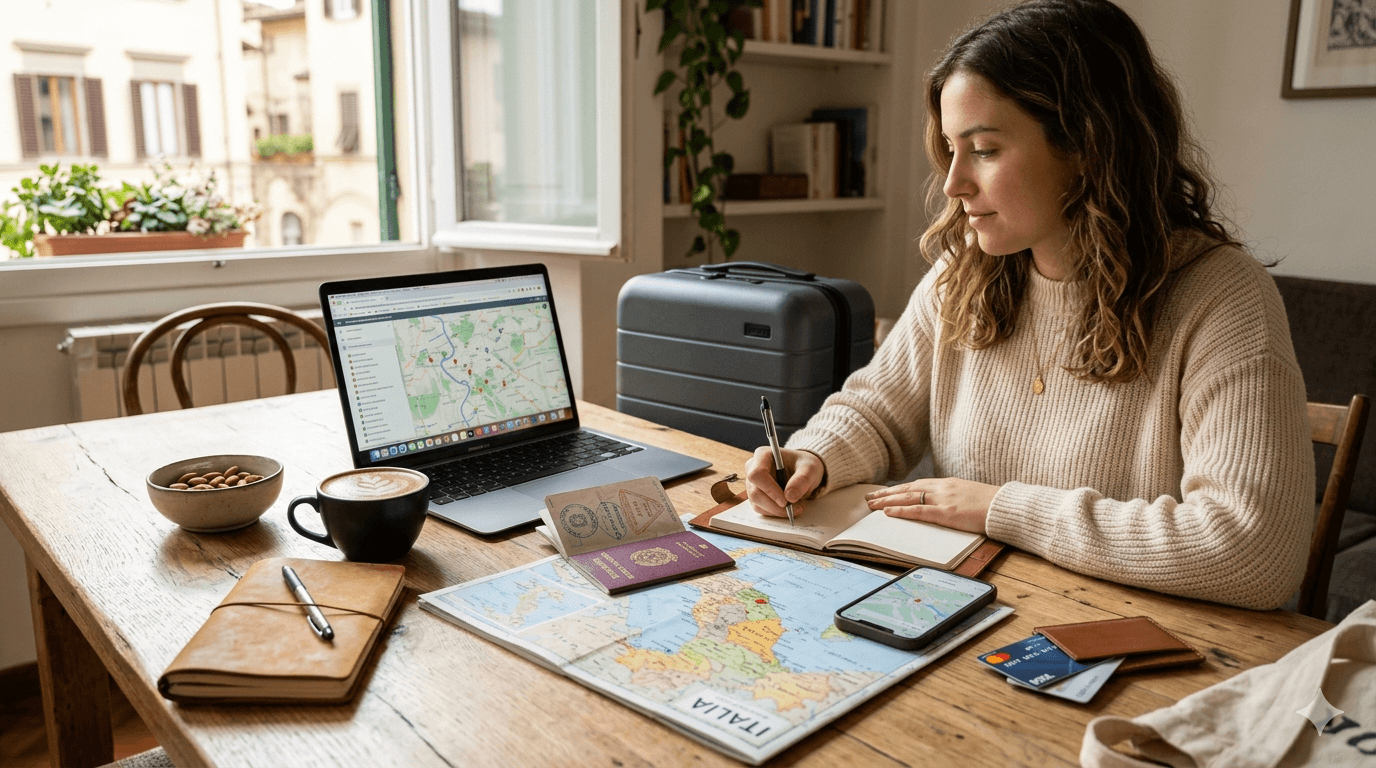 Viajante planejando viagem para a Itália com mapa, passaporte e notebook.