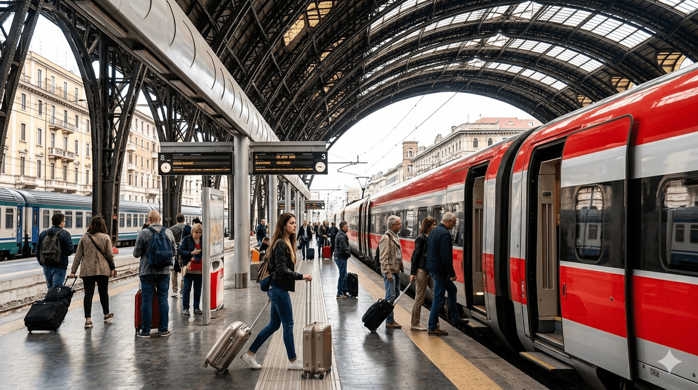 Trem na Itália como meio de transporte entre cidades turísticas.