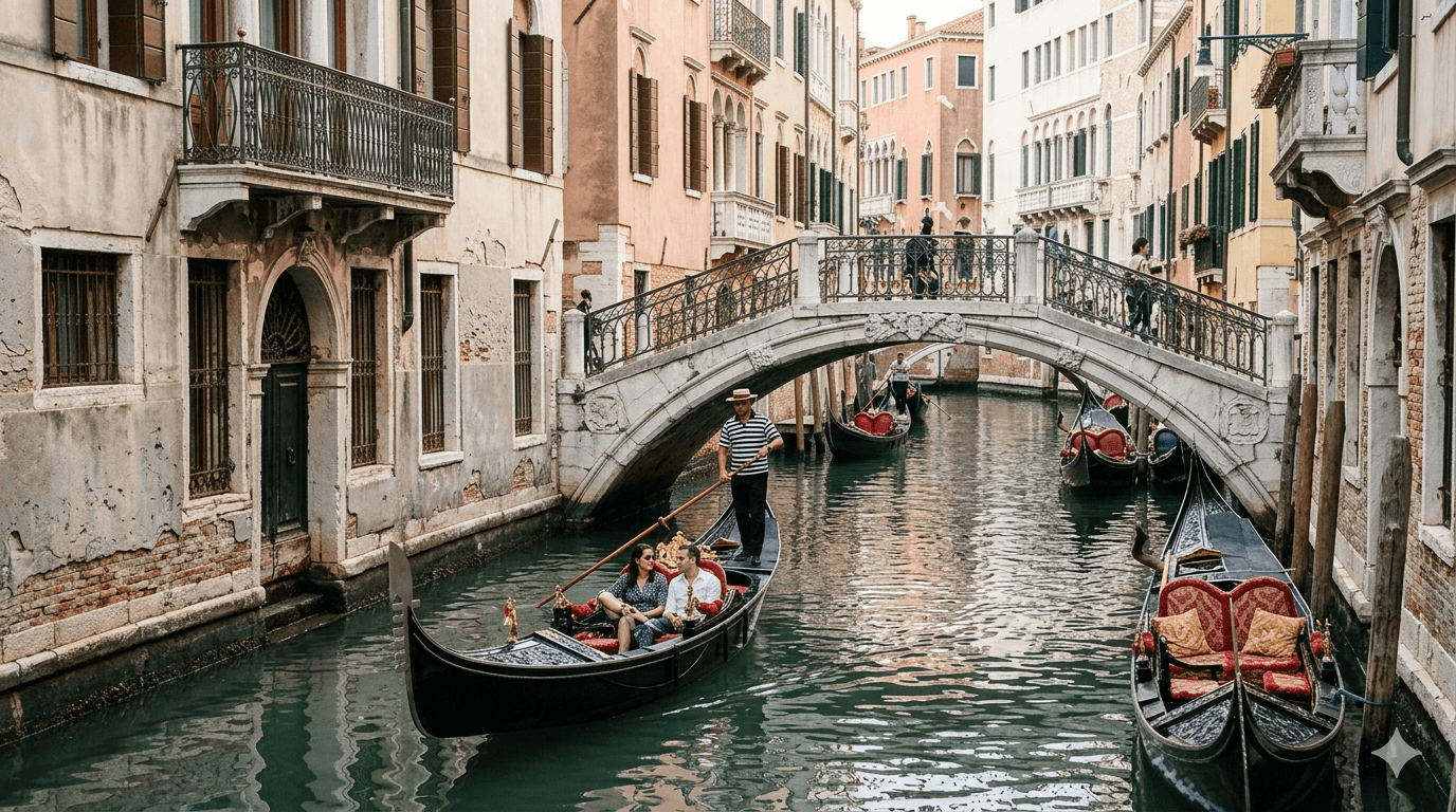 Canal em Veneza durante roteiro de viagem pela Itália.