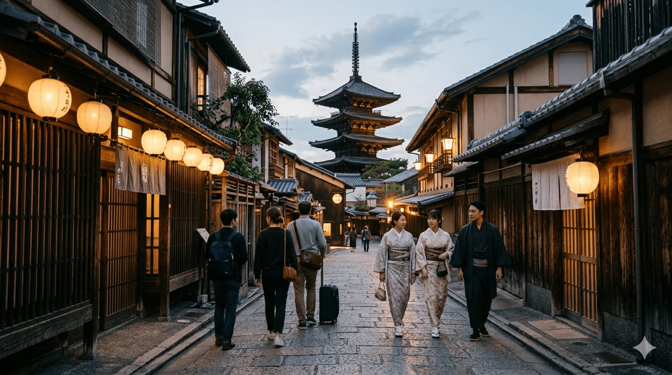 Kyoto tradicional com templos e ruas históricas no Japão.