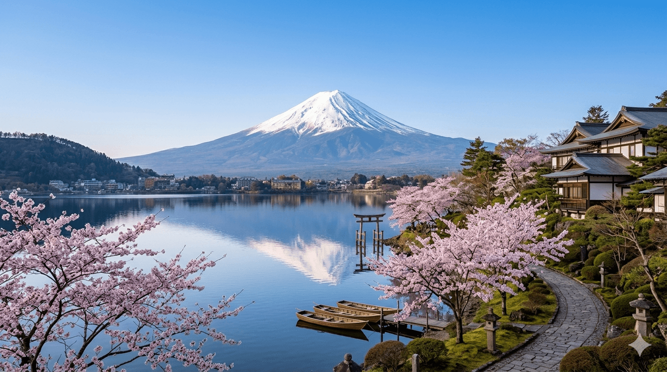 Monte Fuji com paisagem tradicional japonesa.