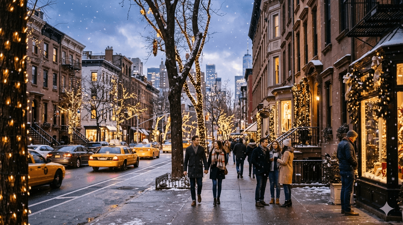 Inverno nos Estados Unidos para viagem com neve e clima natalino.