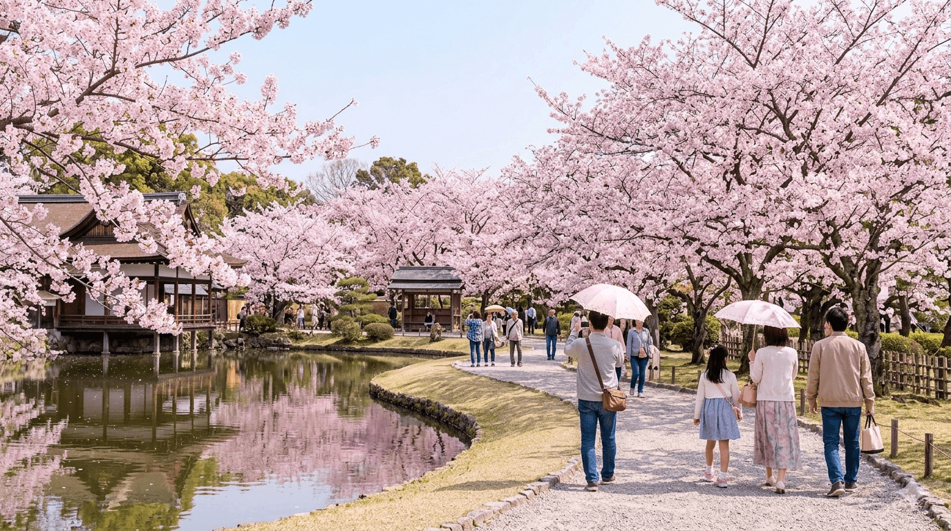 Primavera no Japão com cerejeiras floridas durante a melhor época para viajar.