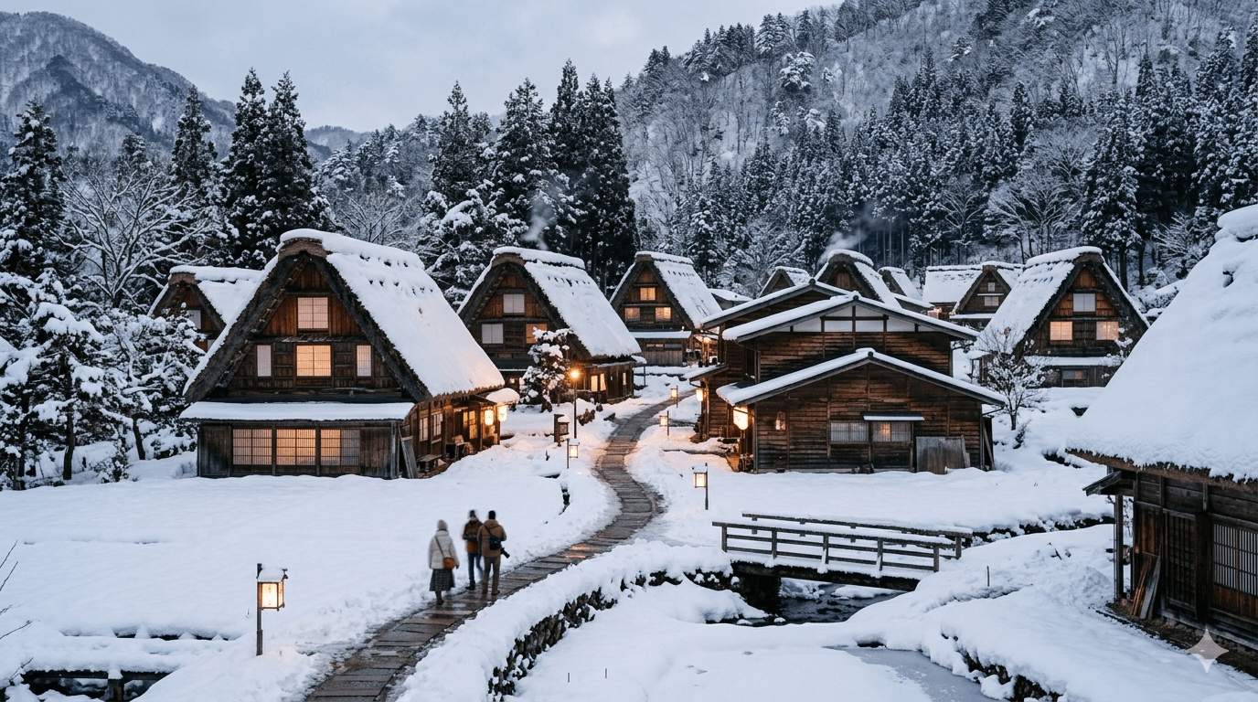 Inverno no Japão com neve e paisagens tradicionais.