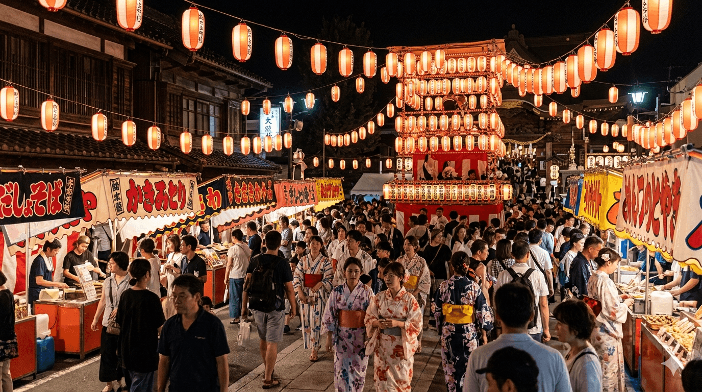 Festival de verão no Japão durante viagem em julho ou agosto.