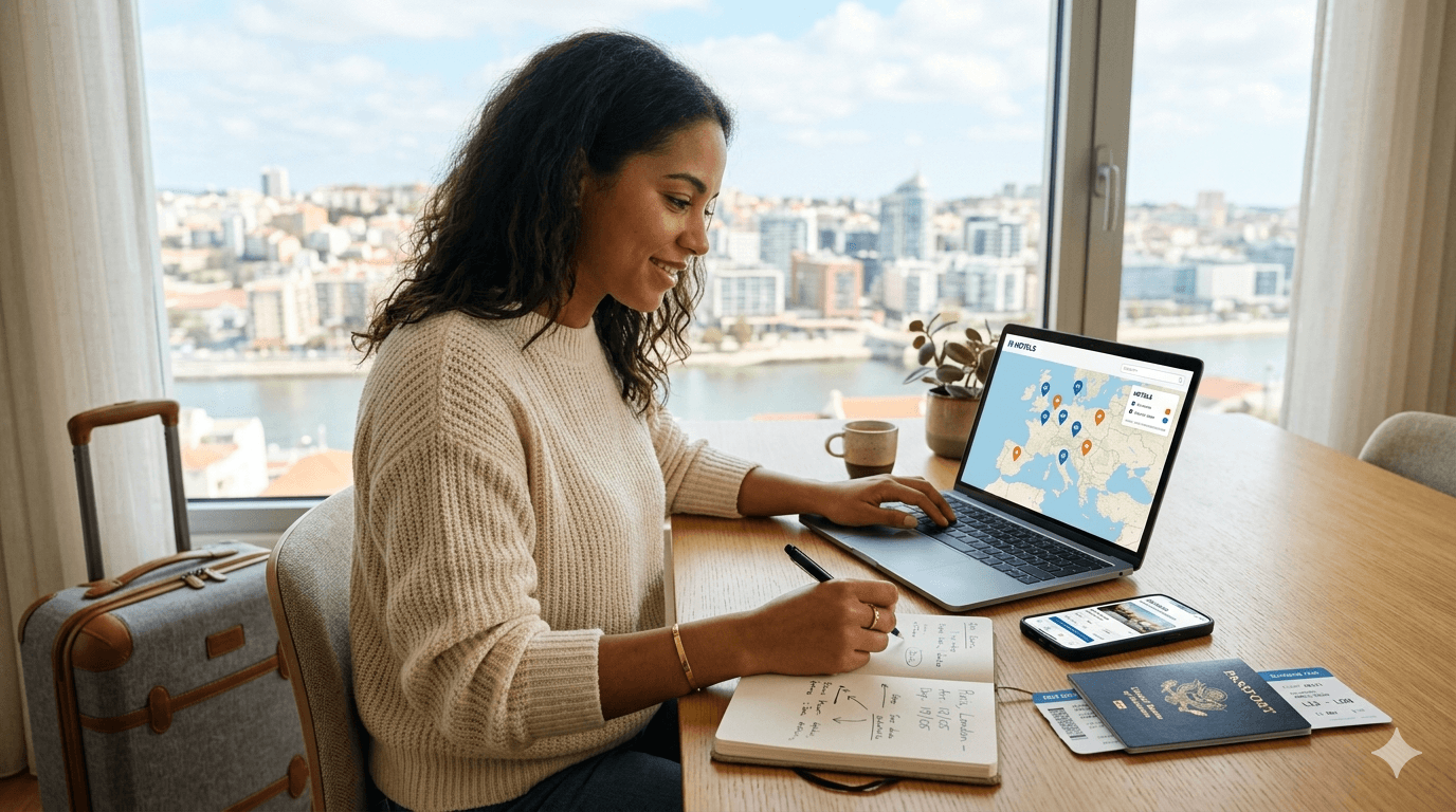Planejamento de hospedagem internacional com notebook e passaporte. Escolha o hotel ideal.