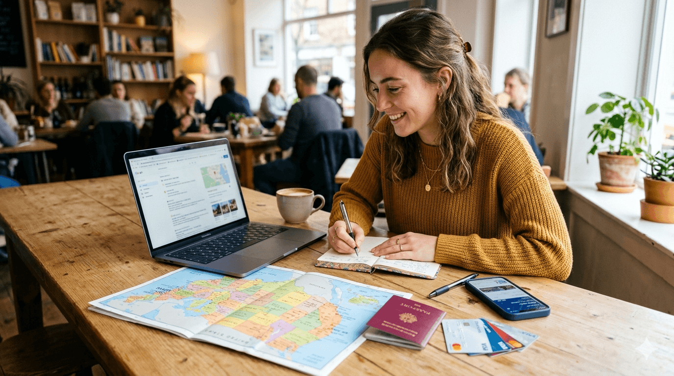 Viajante calculando quanto custa viajar para os Estados Unidos.