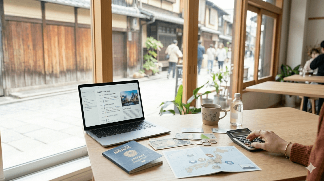 Viajante calculando quanto custa viajar para o Japão.