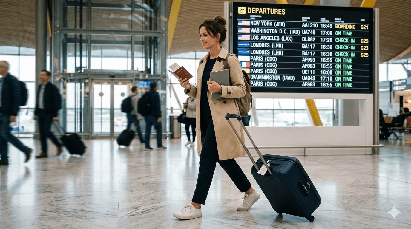 Viajante em aeroporto antes de embarcar para os Estados Unidos com seguro viagem contratado.
