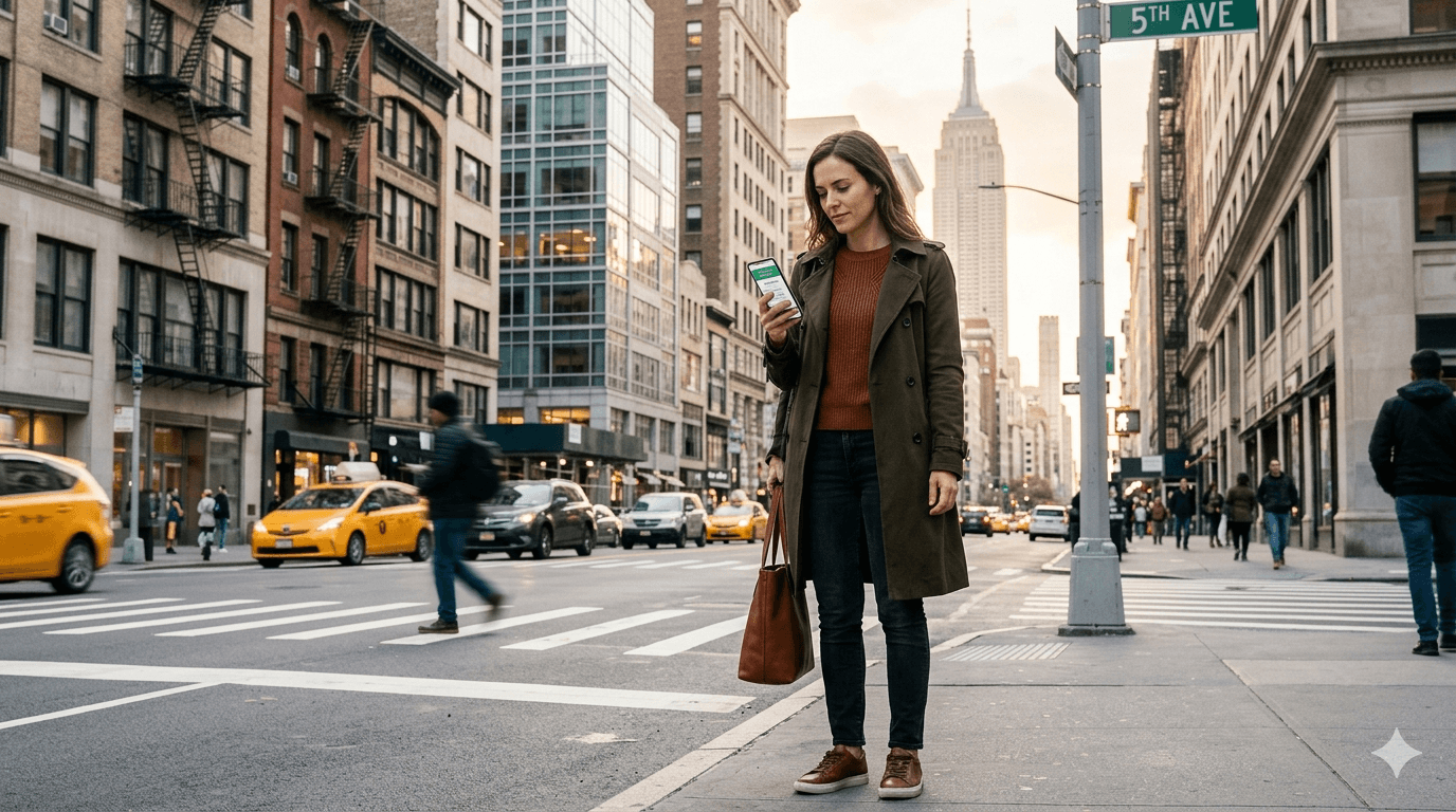 Turista consultando seguro viagem para os Estados Unidos pelo celular durante a viagem.