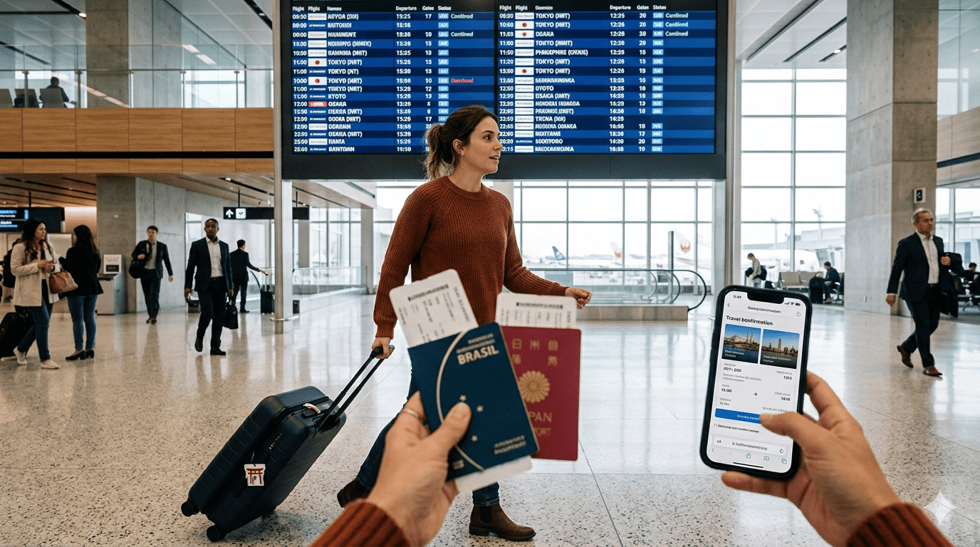 Viajante em aeroporto antes de embarcar para o Japão com seguro viagem contratado.