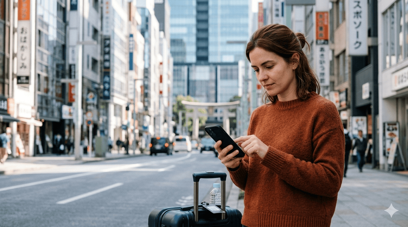 Turista consultando seguro viagem para o Japão pelo celular durante a viagem.