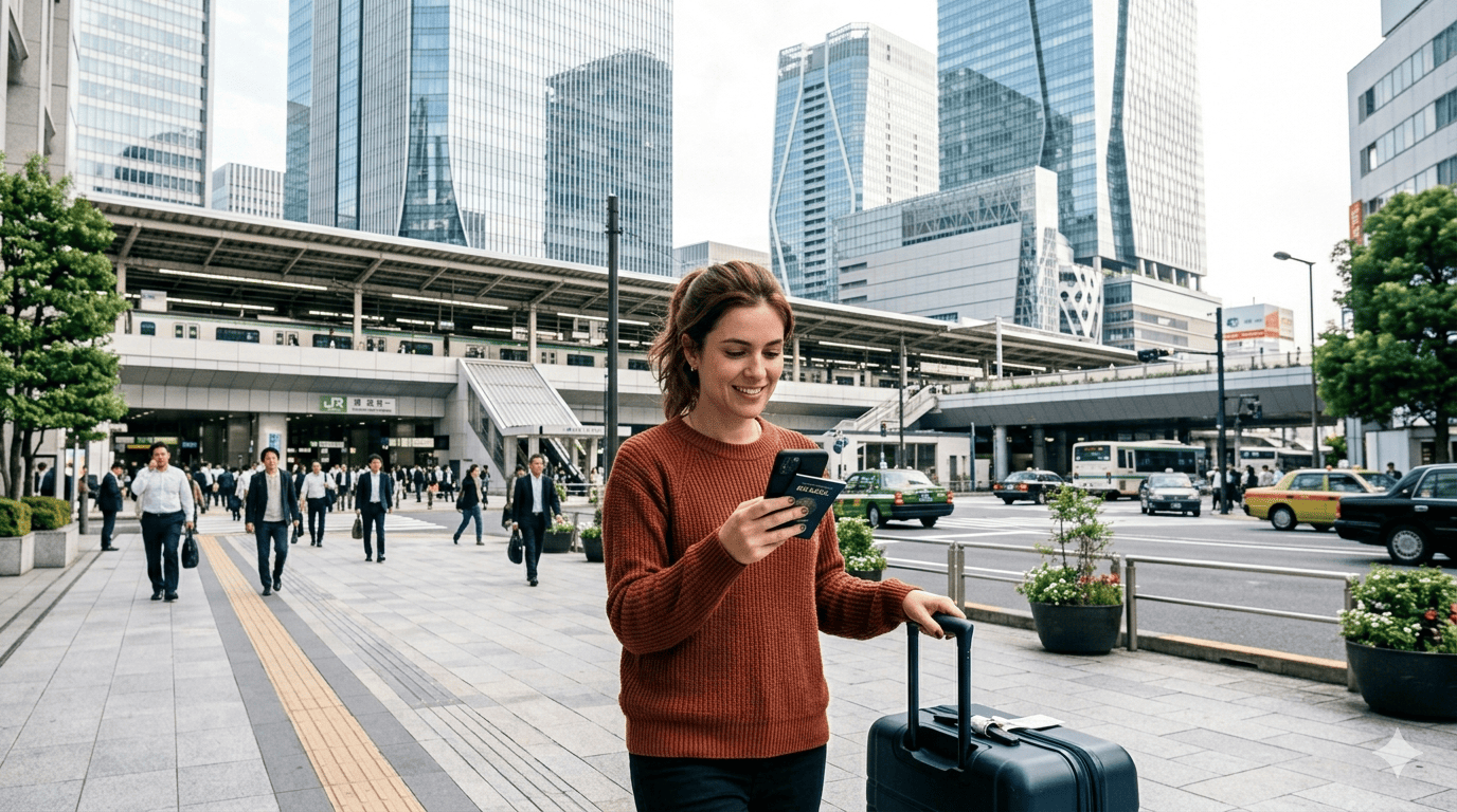Viajante em Tóquio com seguro viagem para o Japão.