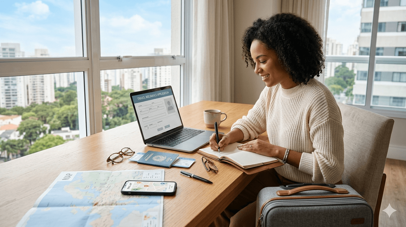 Pessoa organizando seguro viagem com passaporte, notebook e mala.