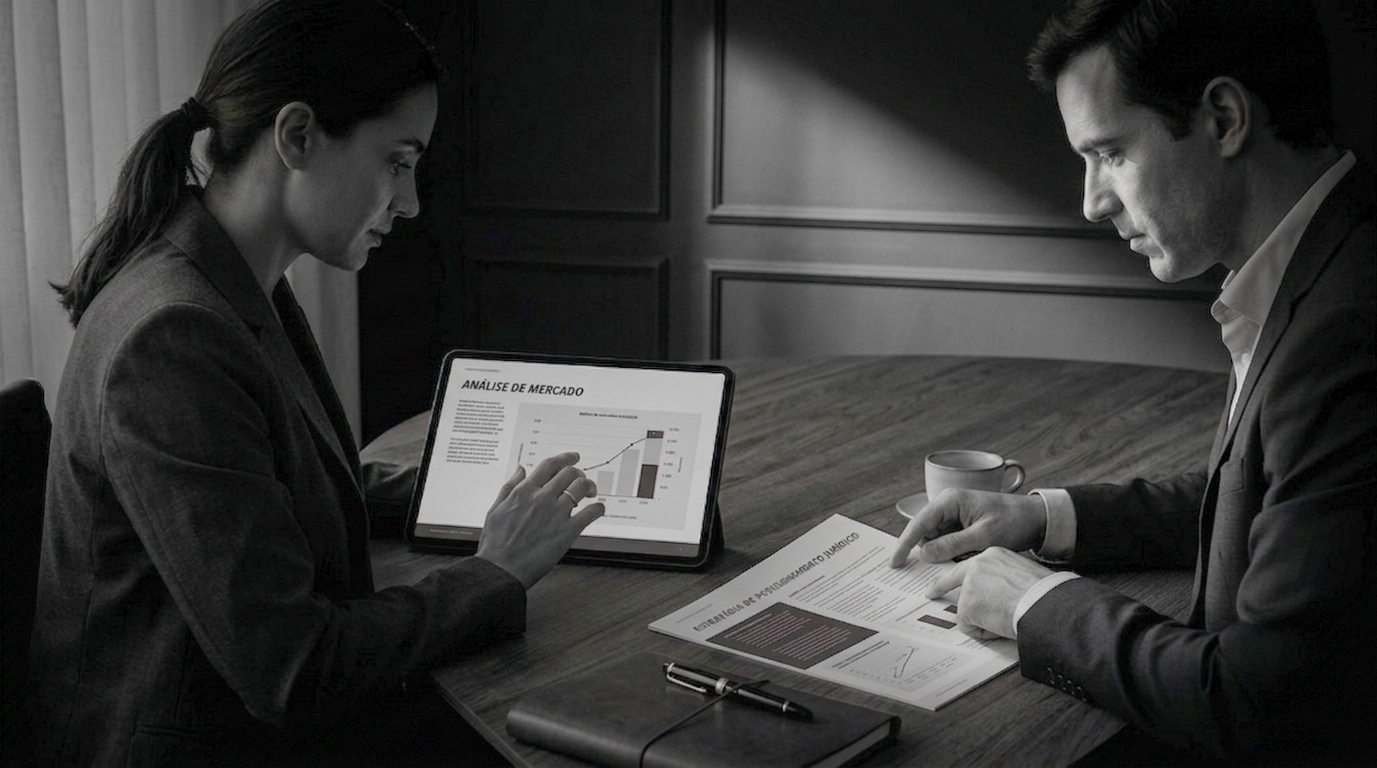 Advogada revisando uma análise de mercado em tablet