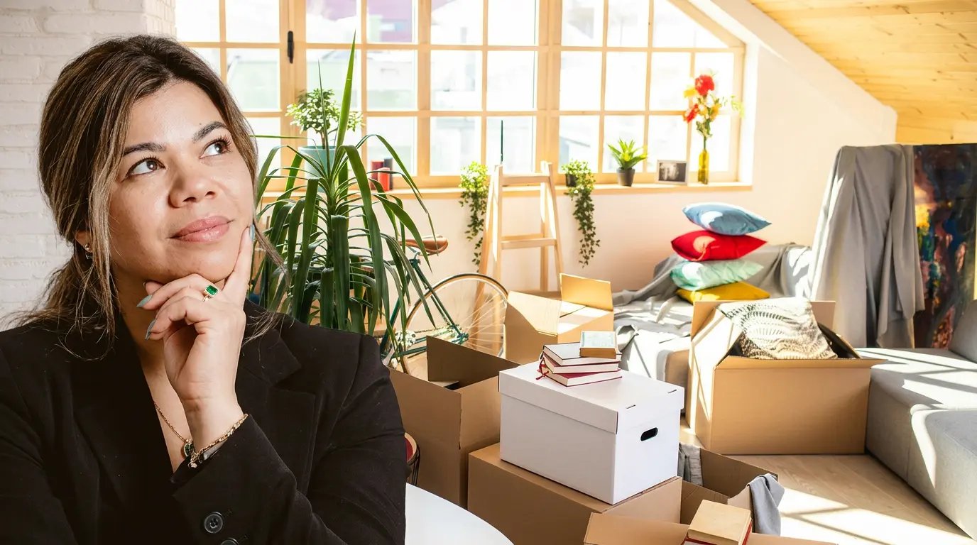 A room is in the middle of decluttering and a Professional Organiser with a thoughtful expression