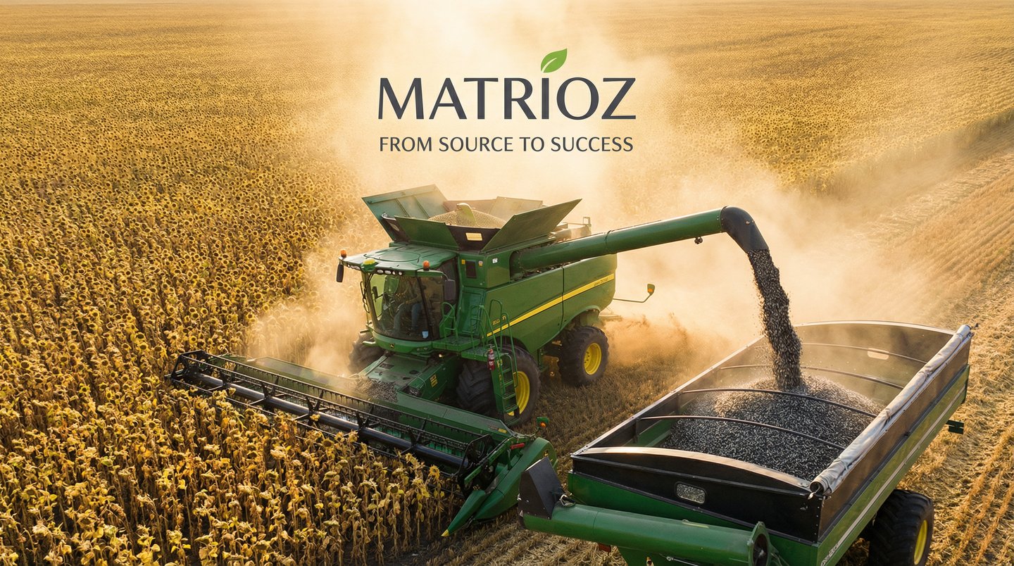 A green combine harvester harvesting sunflowers in a field for Matrioz agricultural success.