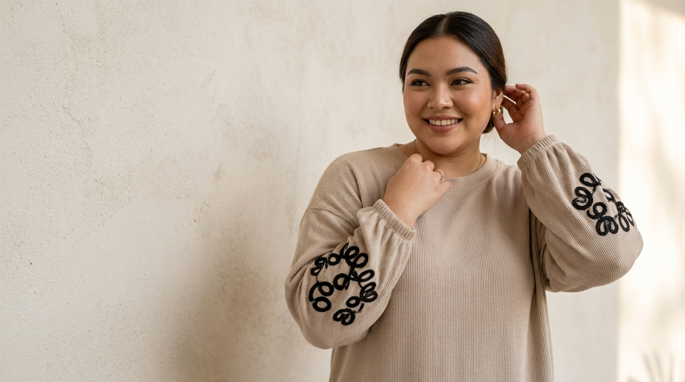 Smiling woman wearing a beige embroidered sweatshirt standing against a neutral wall.