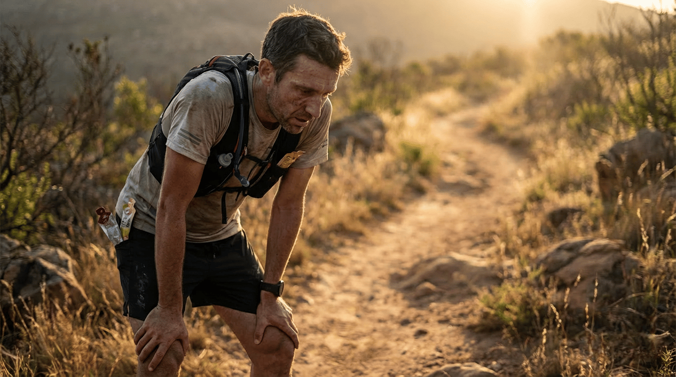 An endurance athlete looks tired and dejected