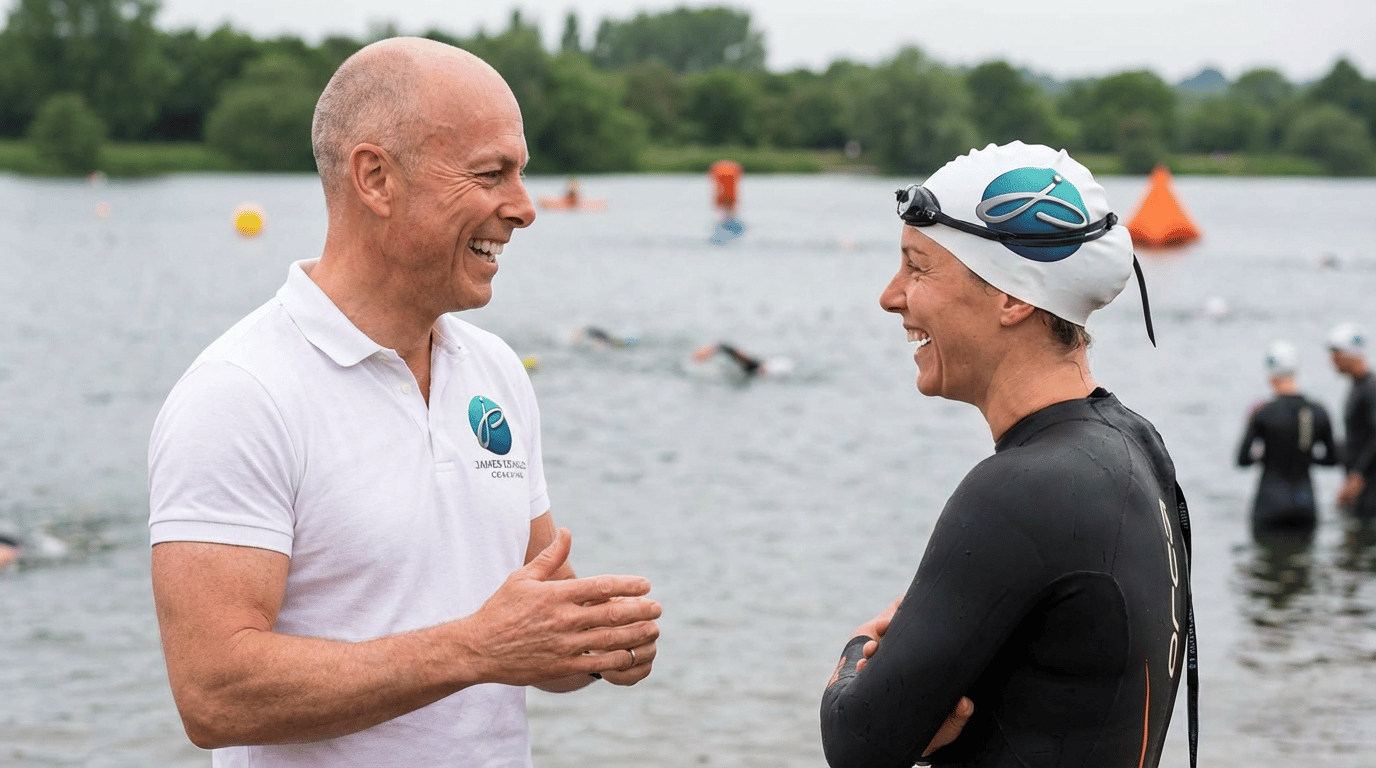 James Oswald Coaching talks to a triathlete at Open Water Swimmer