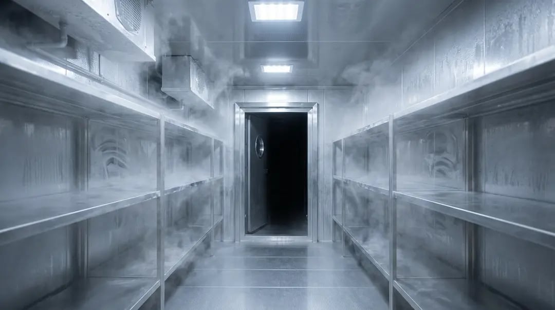 walk-in freezer with stainless steel shelving and cold storage
