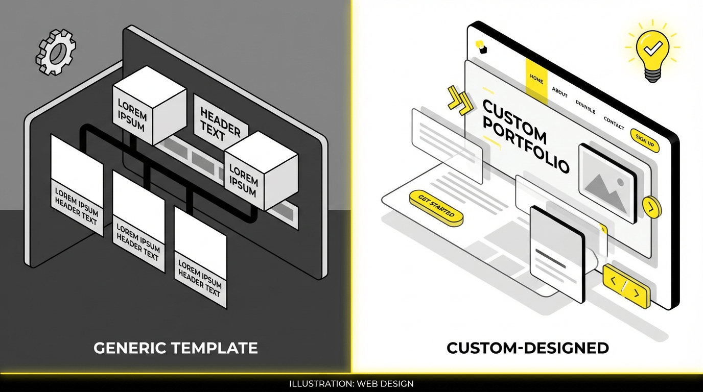 Comparison illustration showing a generic website template layout versus a custom-designed website s