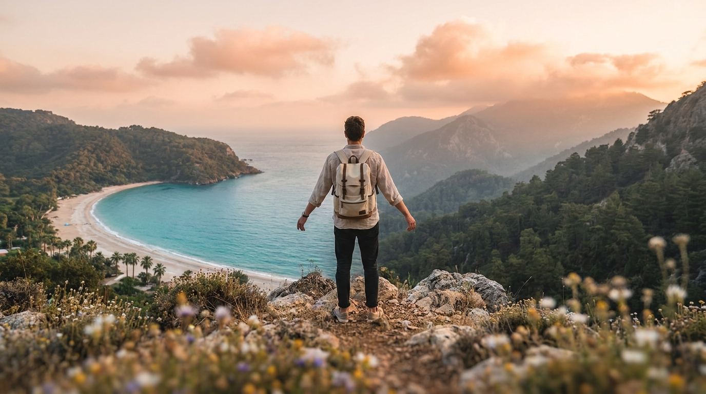 A male traveler with a backpack overlooks a scenic tropical bay and mountains at sunset.