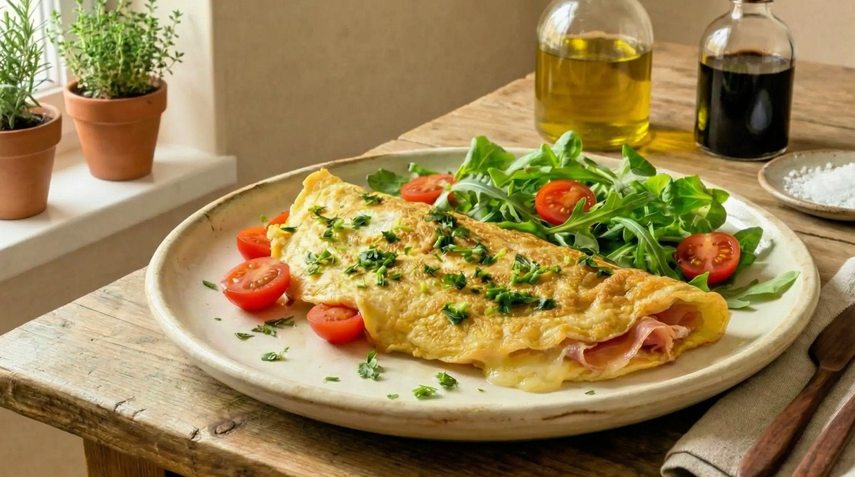 Savory omelette with aged cheese and Parma ham,