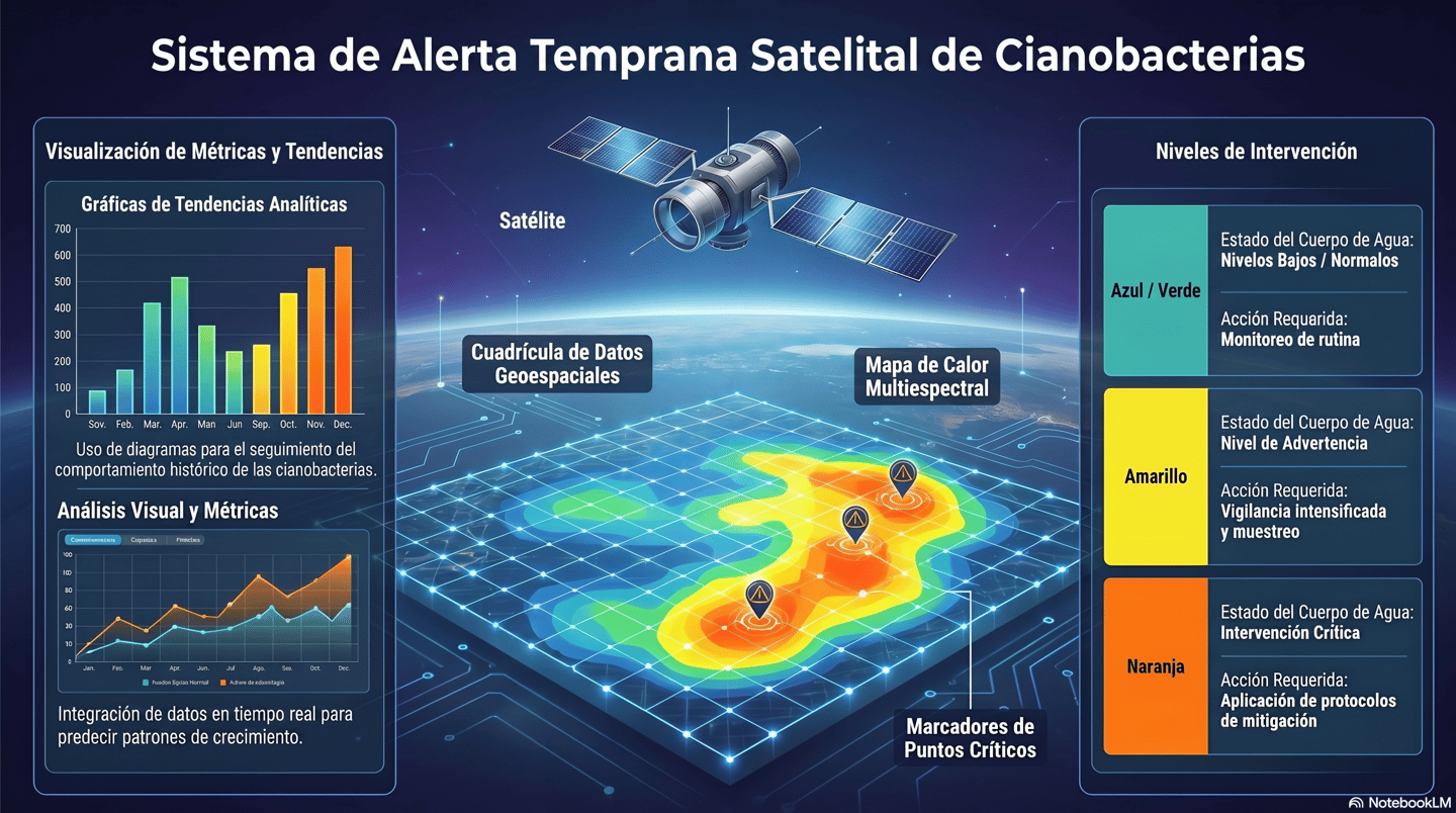 Infographic showing a satellite monitoring system for cyanobacteria with data charts and heat maps.