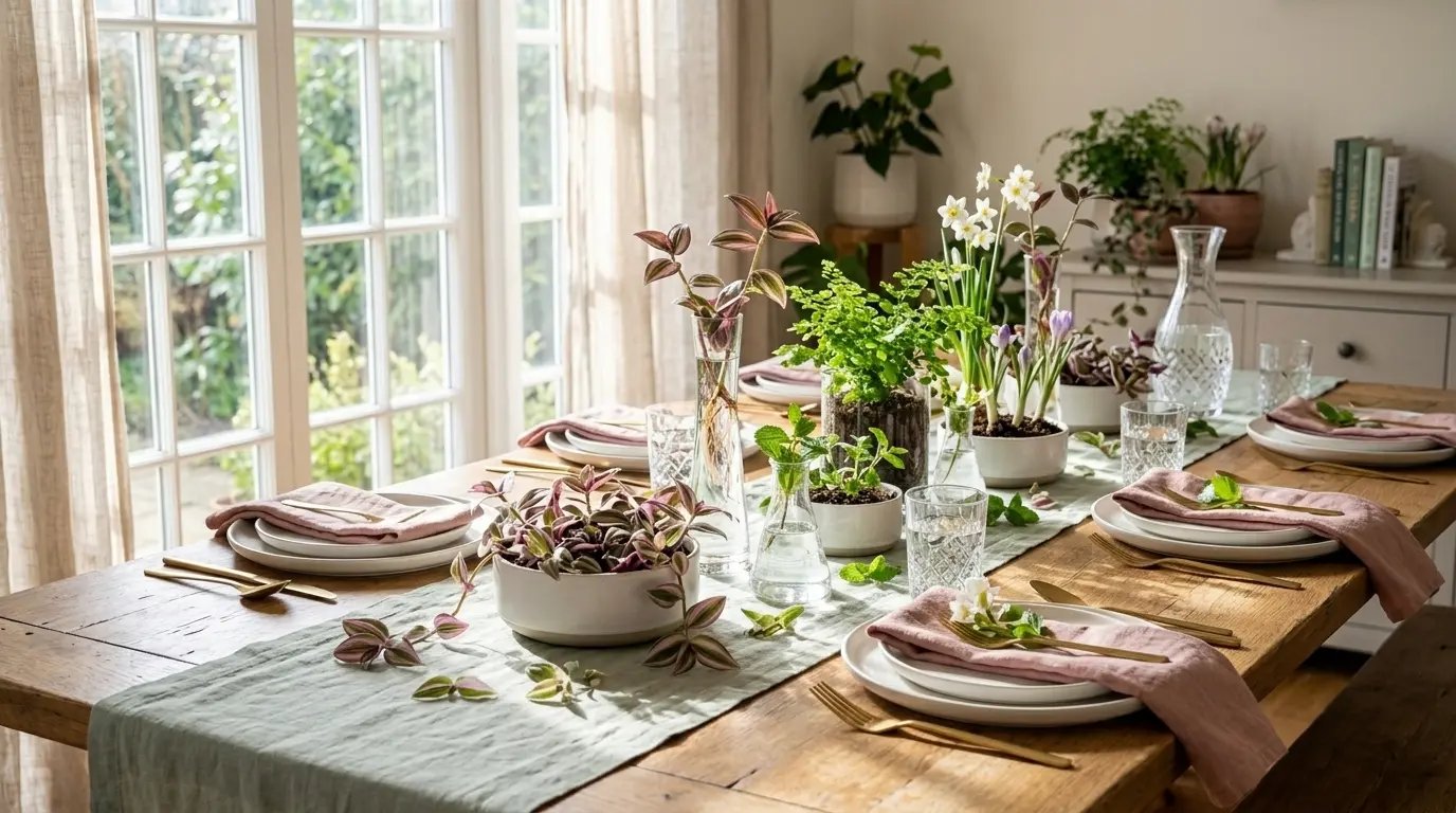 Mesa de comedor decorada en primavera con un centro de plantas vivas