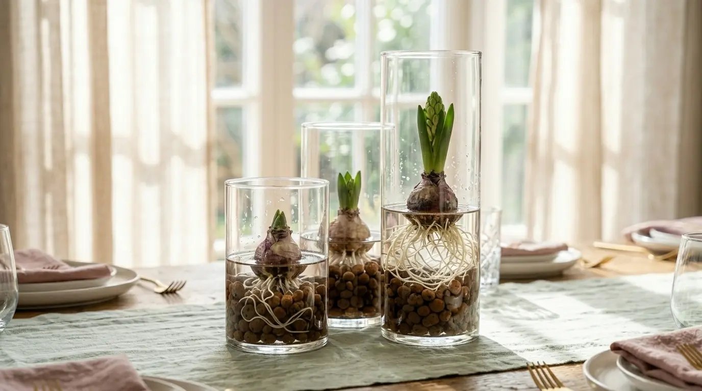 Centro de mesa rústico con bulbos de jacinto en jarrones de cristal y arcilla expandida
