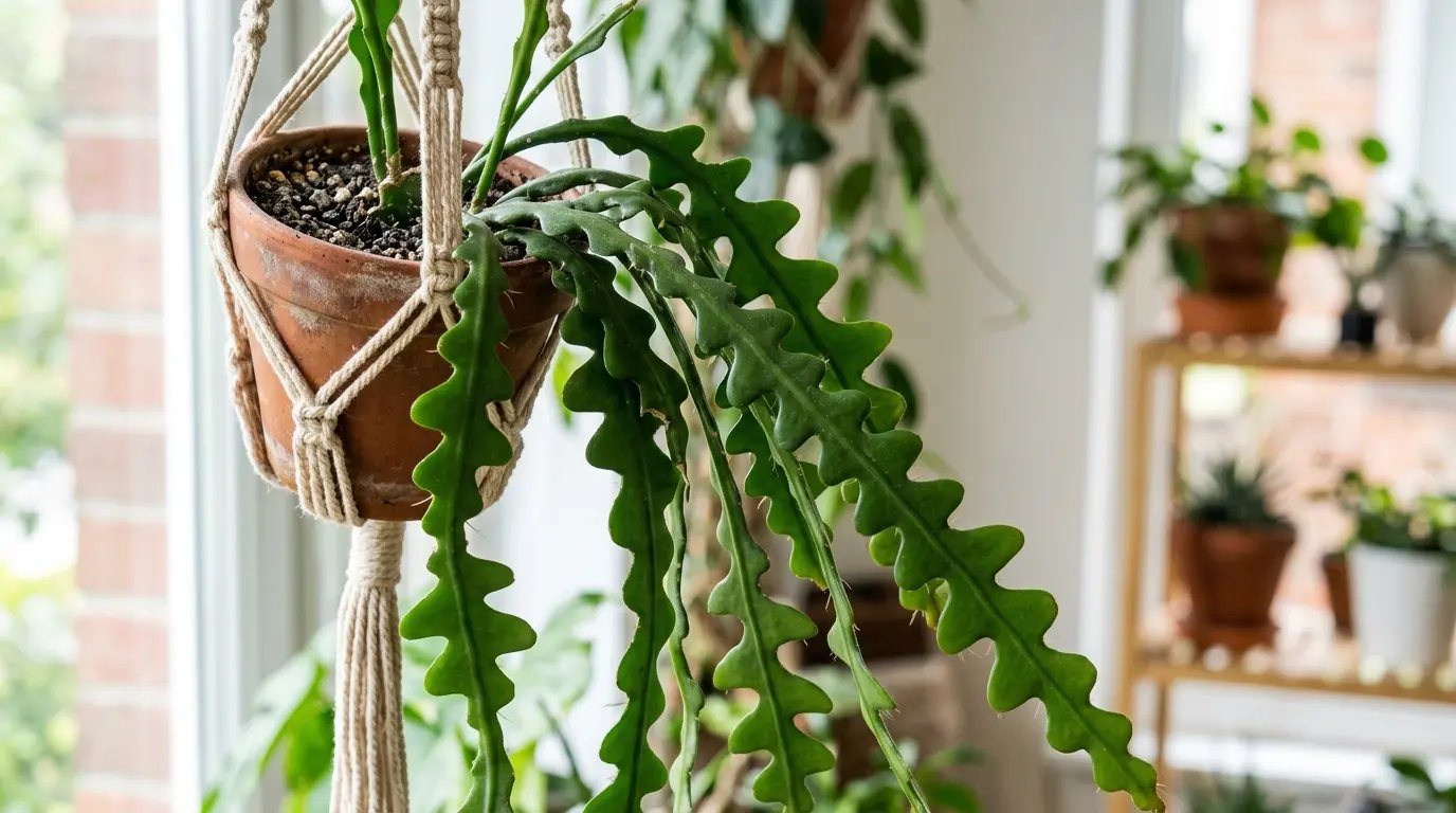 Cactus Zig-Zag colgante con sus característicos tallos planos y dentados.