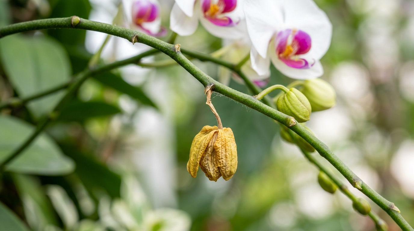 Capullo de orquídea arrugado y amarillo a punto de caerse por estrés ambiental, conocido como caída de botones