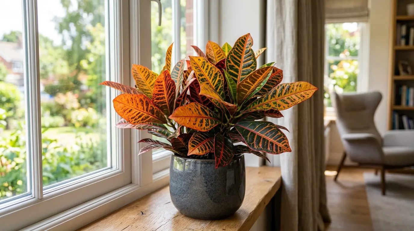 Planta Crotón con hojas coloridas en rojo, amarillo y naranja cerca de una ventana.