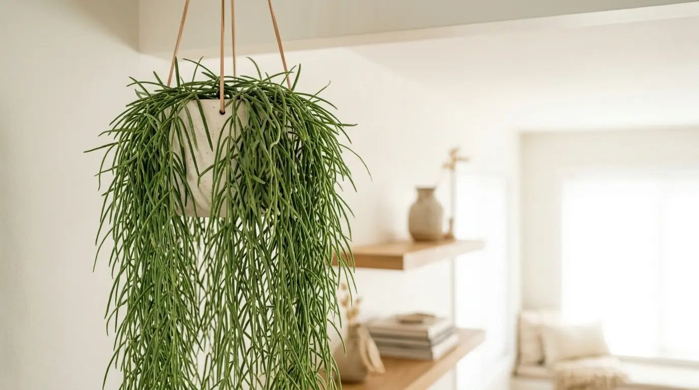 Hoya linearis colgando como una cortina verde de hojas largas y finas