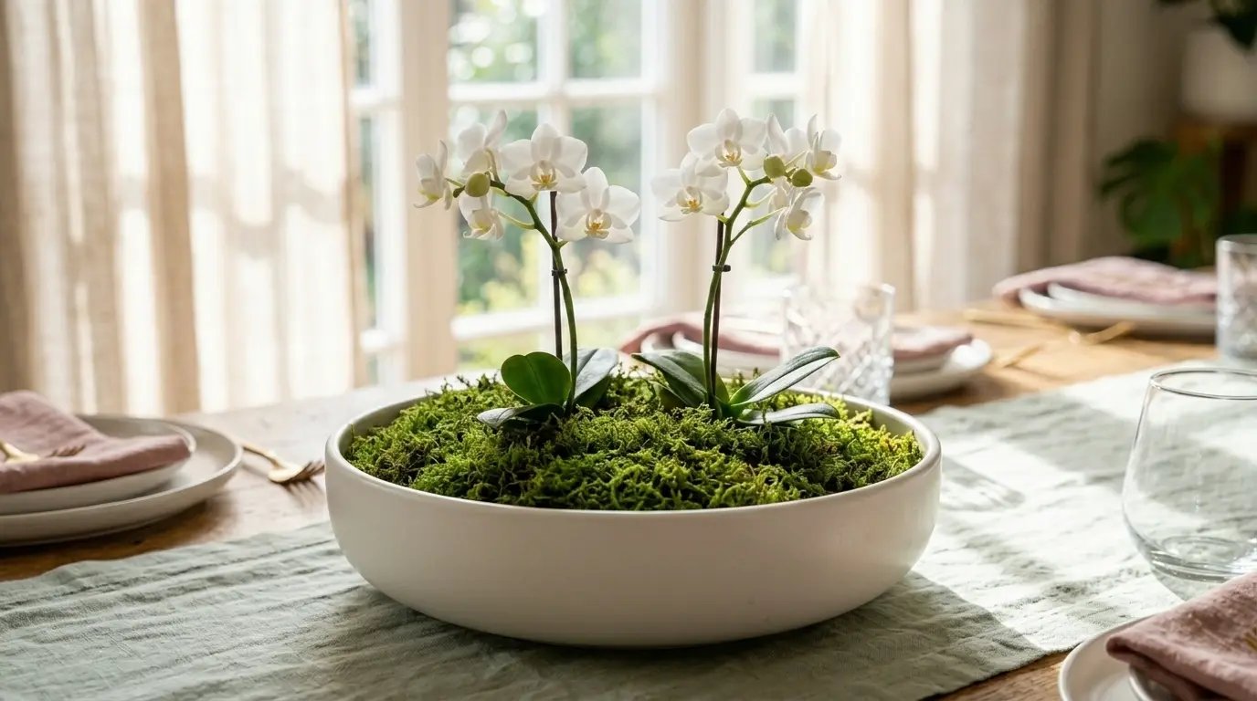 Centro de mesa minimalista con orquídeas blancas y musgo verde