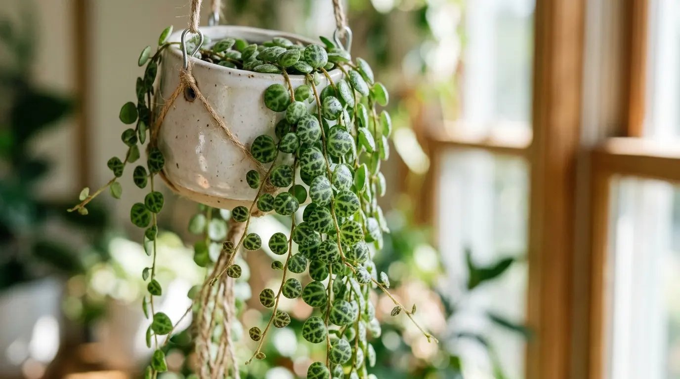 Planta Cadena de Tortugas colgante mostrando el patrón de sus hojas diminutas