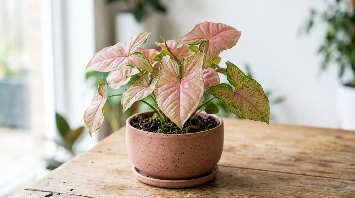 Planta Singonio Rosa o Planta Flecha en maceta con luz natural