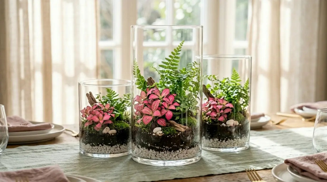 Centro de mesa tropical en terrario de cristal con plantas rosas y verdes