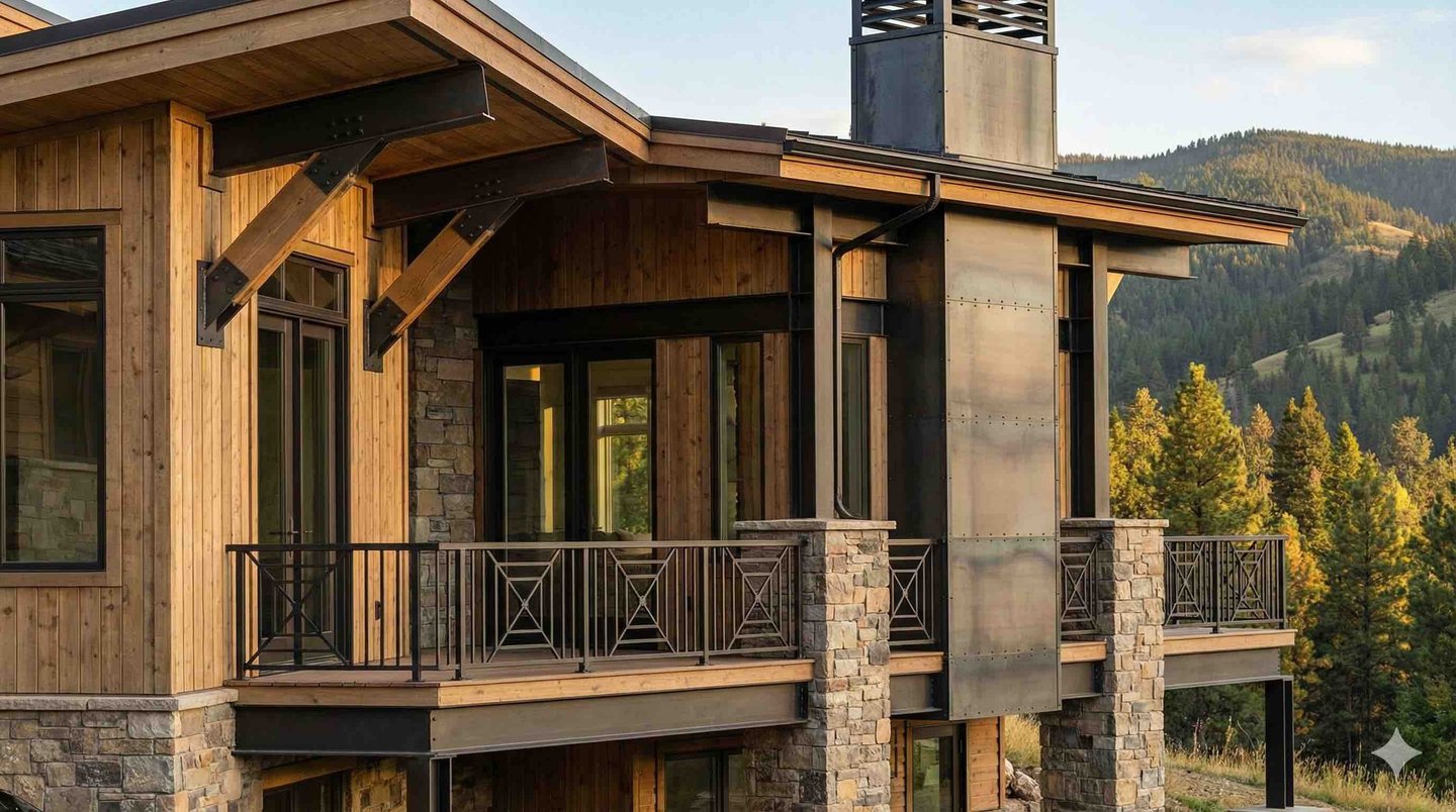 Custom outdoor metal fireplace wrap and railing
