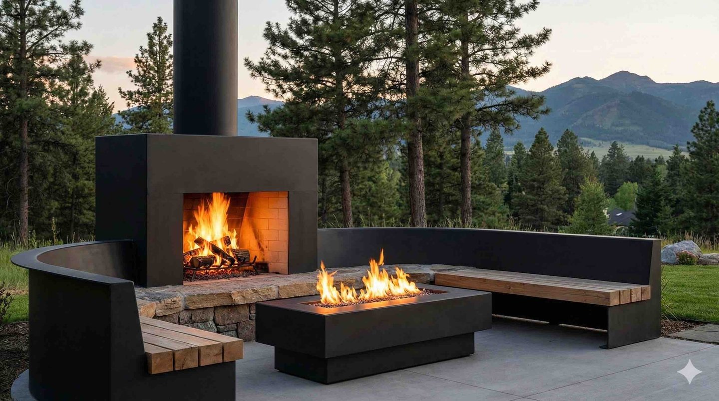 Custom metal outdoor fireplace and seating area