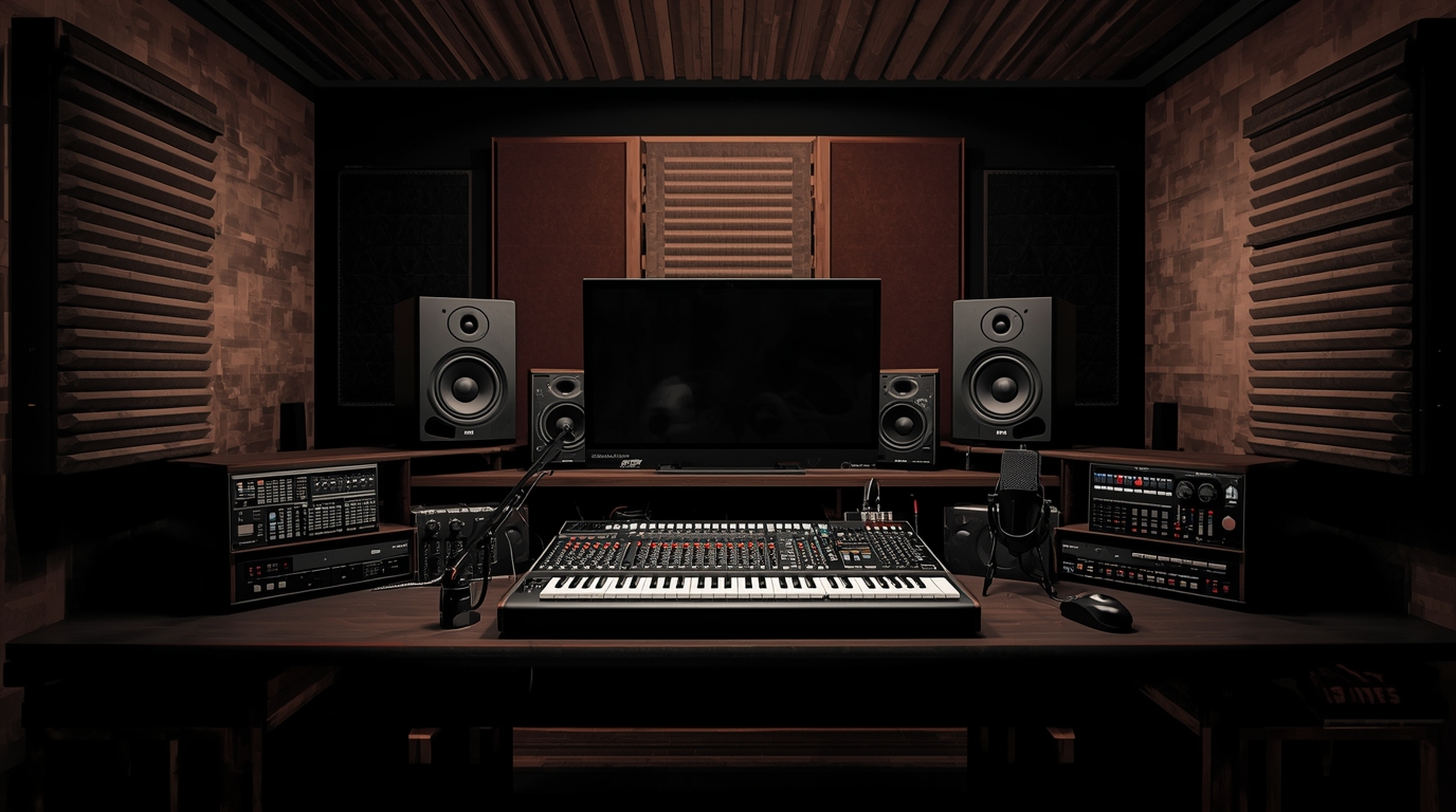 Estúdio de produção musical rap com equipamentos profissionais e ambiente underground